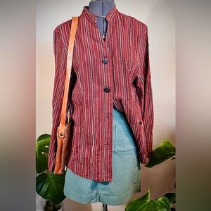 Boho Linen Marsh Landing ButtonDown Wooden Buttons Striped Maroon L